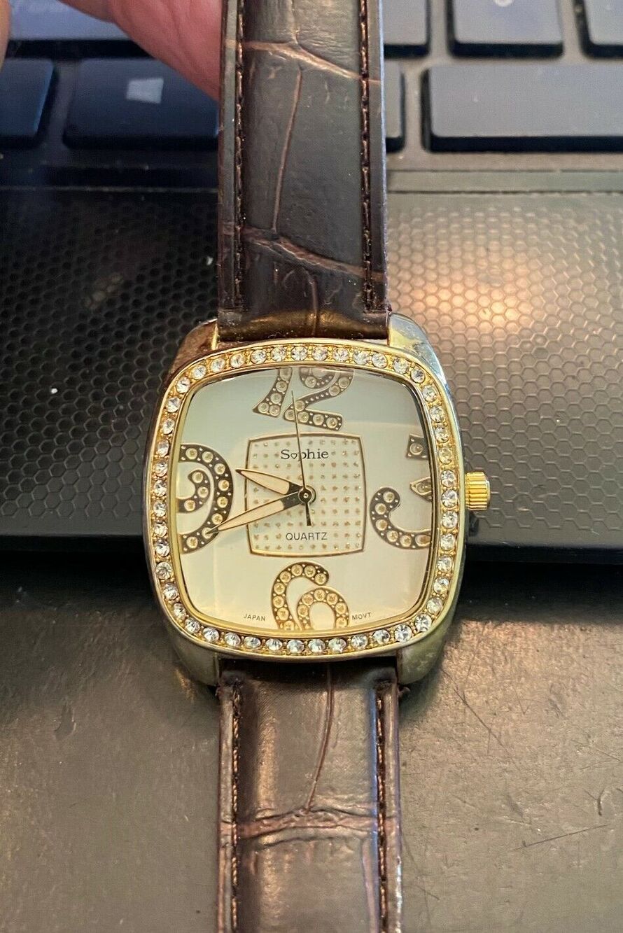 Women's Gold Tone Sophie Watch, Rhinestone Bezel, Brown Band